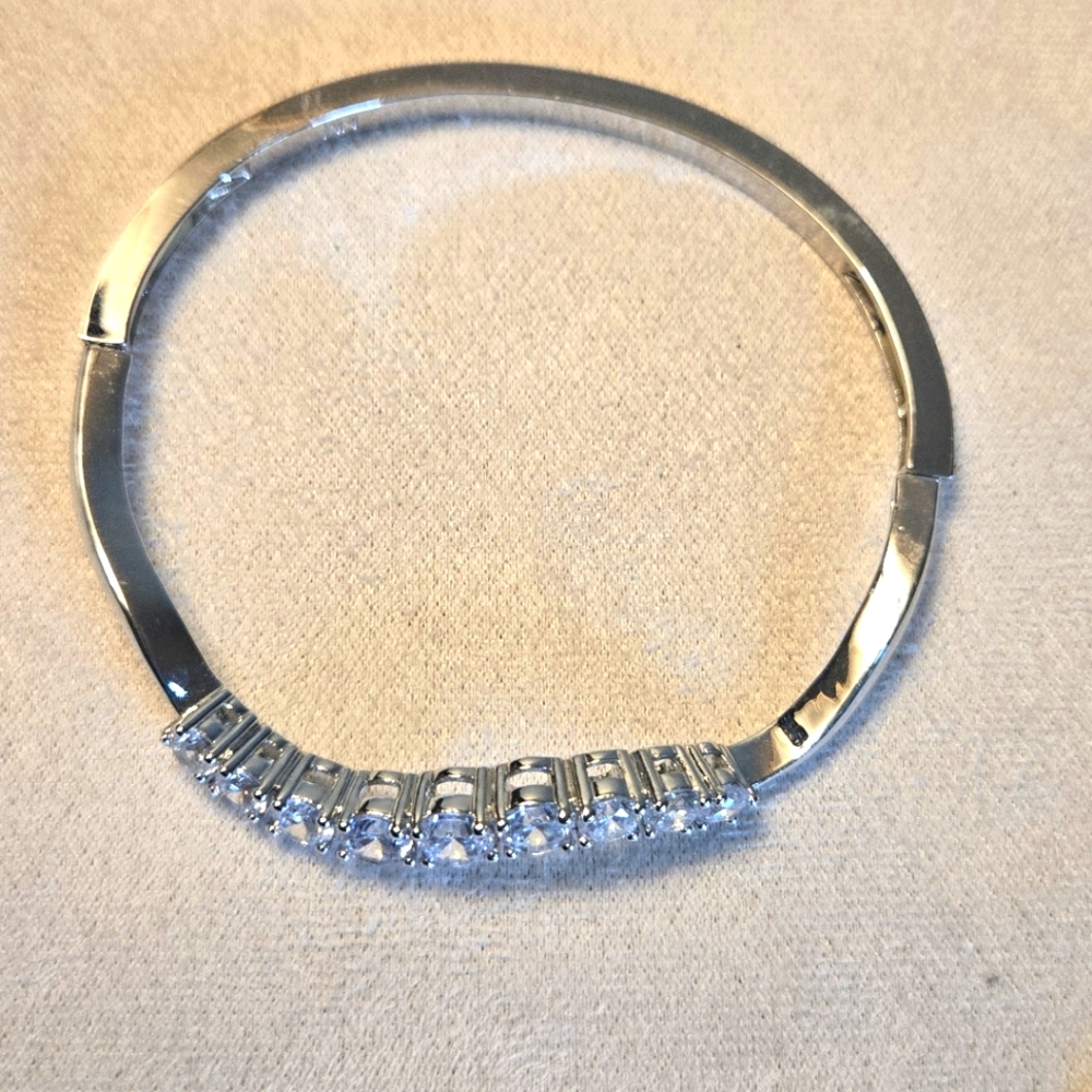 CZ Diamond Look Bangle Bracelet Silver Tone | Elegant Minimal Jewelry - Picture 2 of 3